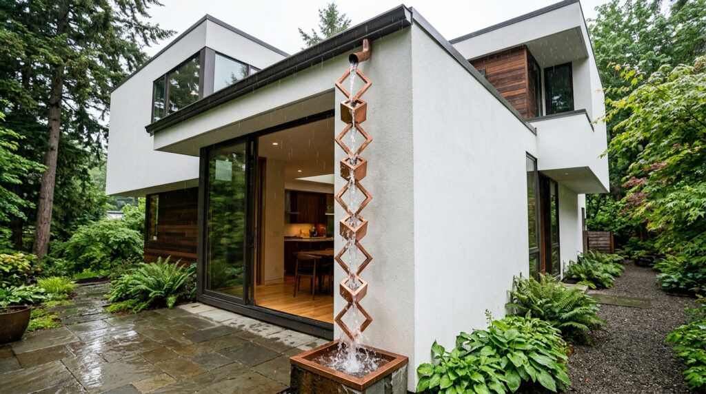 Copper Rain Chains That Turn Runoff Water into Beautiful Art Features geometric house with copper rain… 202606101154