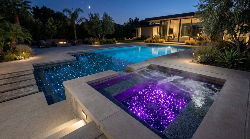 Starry-Night Fiber Optic Lights Embedded inside Concrete Pool Floors geometric pool hot tub setup 202606101105