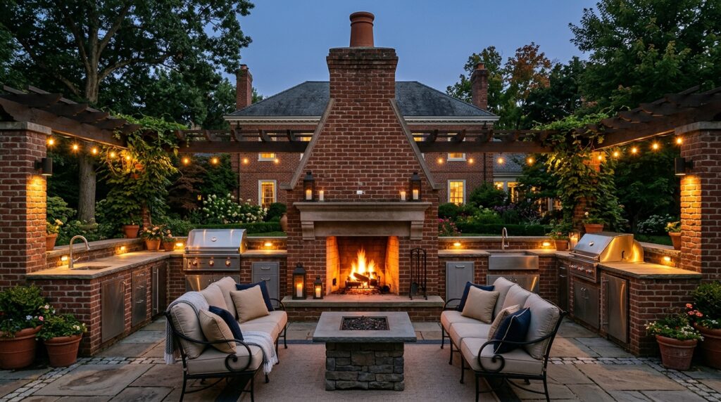 Brick Fireplace Extensions Integrating Full Outdoor Kitchen Lines georgian patio with brick fireplace 202606181812