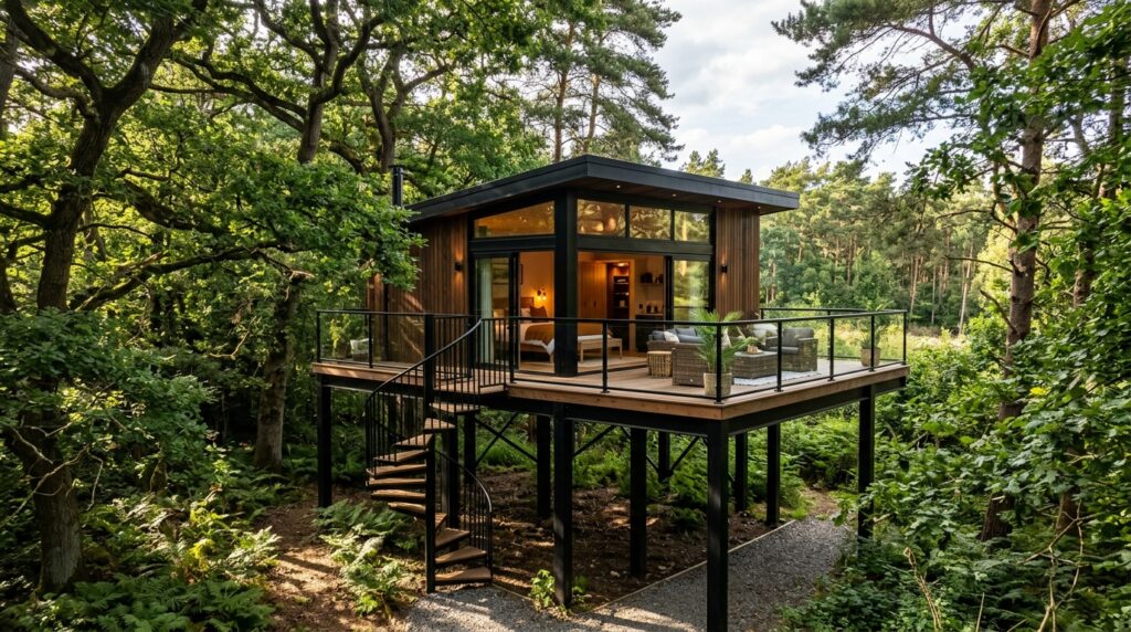 Luxury Glamping Cabins Tucked Safely into Large Backyard Edges glamping cabin on steel stilts 202606141430