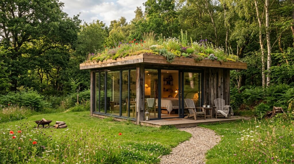 Luxury Glamping Cabins Tucked Safely into Large Backyard Edges glamping cabin with garden roof 202606141429