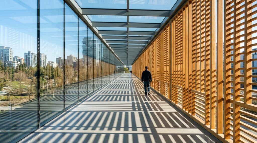 Modern Elevated Skywalks Connecting Luxury Estate Wings glass bridge with wood louvers 202606072114