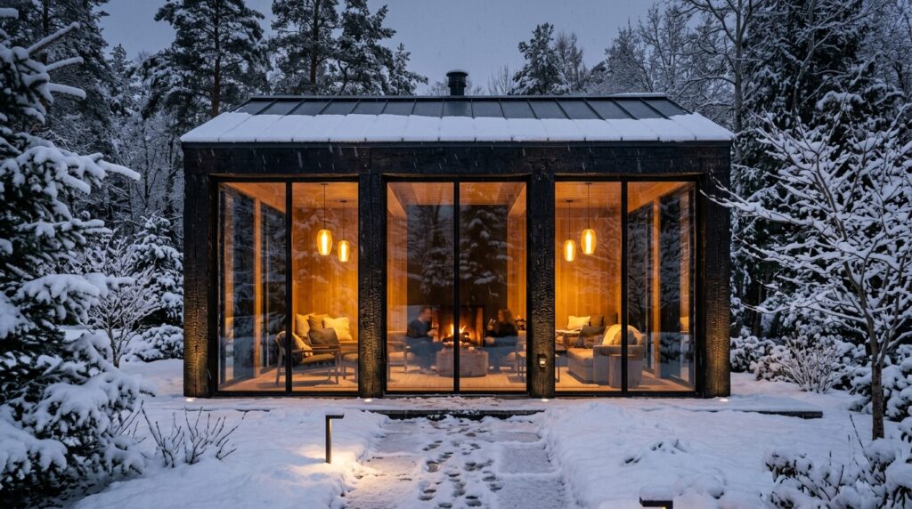 glass pavilion charred wood pillars 202606141215