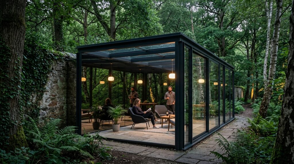 glass pavilion with mirrored wall 202606141219