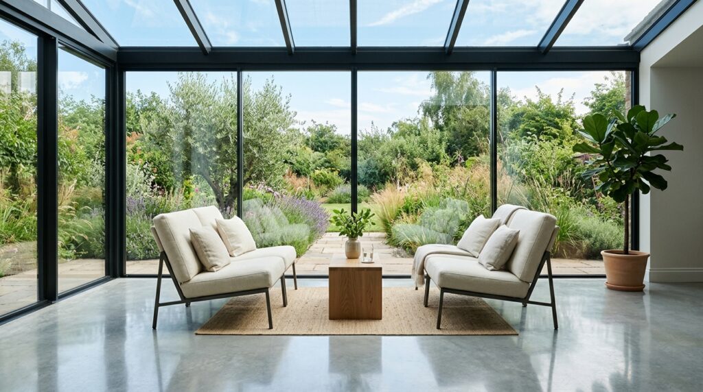 Sunroom and Solarium Ideas For Year-Round Luxury Living glass sunroom with lounge chairs 202606052114