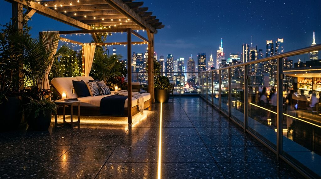Modern Rooftop Terrazzo and Balcony Ideas for Elite Urban Luxury golden light track on rooftop 202606071536