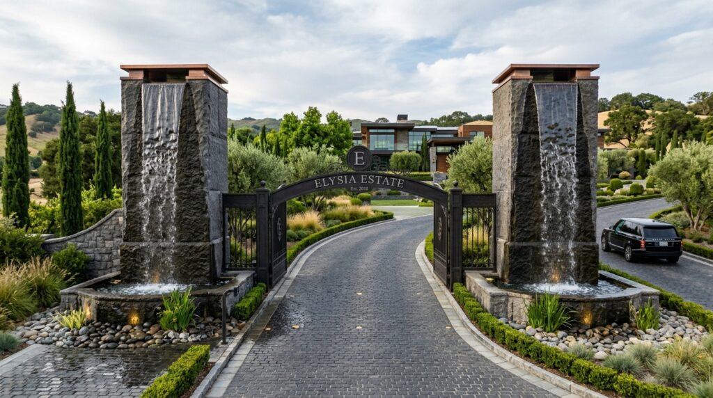Contemporary Water Walls Using Dark Granite and Rippling Flows grand driveway entrance luxury e… 202606102240