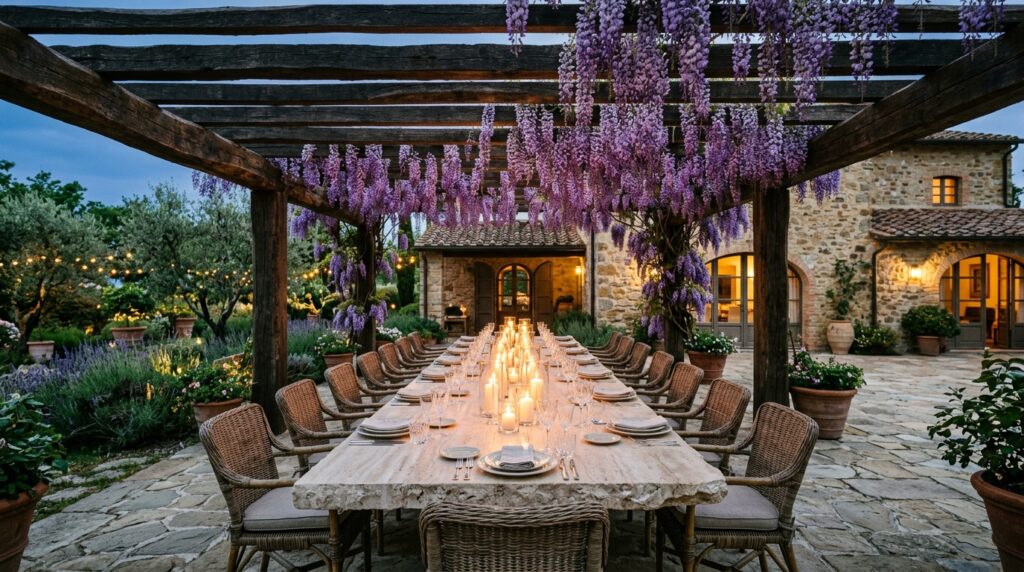 Outdoor Dining Rooms Under Wisteria-Covered Rafter Structures grand outdoor dining room dusk 202606141536