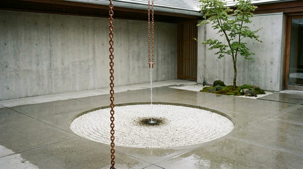 Copper Rain Chains That Turn Runoff Water into Beautiful Art Features gravel circle with rain chain 202606101211