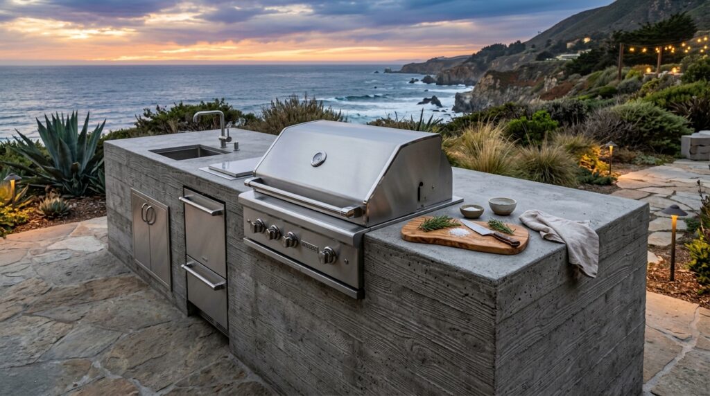Luxury Outdoor Kitchen Monoliths and Covered Dining Pavilions grey concrete island with grill 202606081230