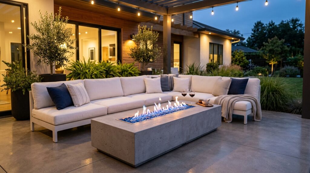 Fire Pit Lounge Ideas For Cozy Backyard Evenings grey fire table white sofa 202606041937
