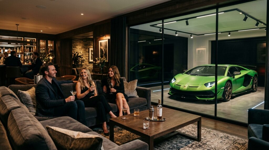 Modern Hidden Underground Car Cavities and Hidden Garage Vaults guests relaxing in basement lounge 202606072201