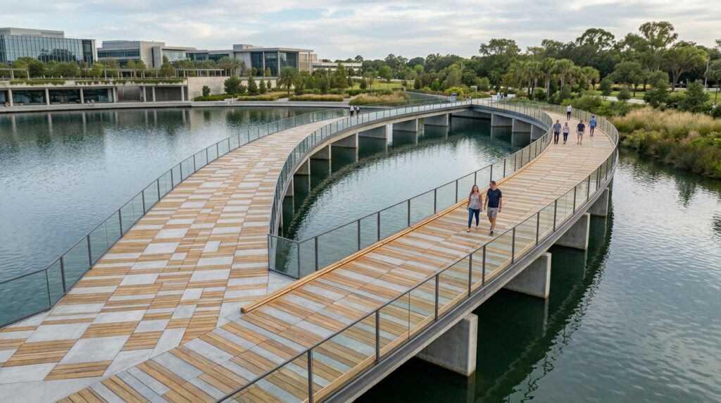 Floating Wooden Walkways Crossing Over Tranquil Backyard Koi Ponds hardscape design crossing water … 202606142026
