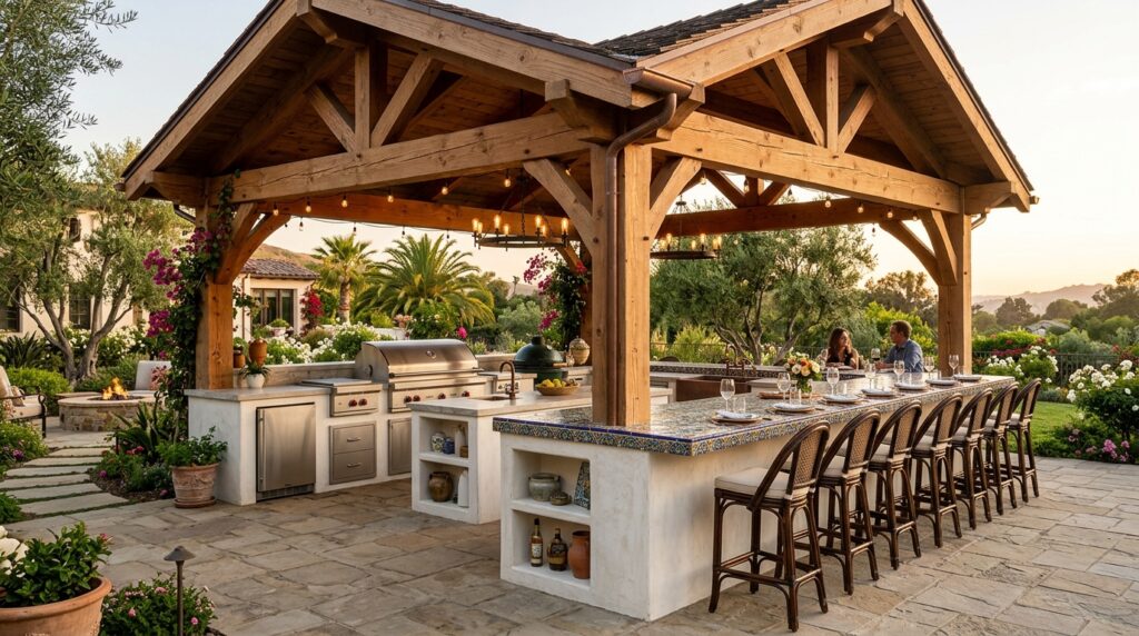 Whitewashed Stucco Mediterranean Kitchens with Mosaic Tile Tops heavy timber pavilion outdoor ki… 202606181325
