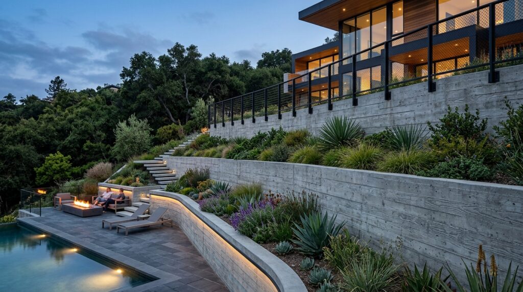 Tiered Retaining Fences Combining Planter Boxes with Boundary Posts hillside estate backyard retaini… 202606111045