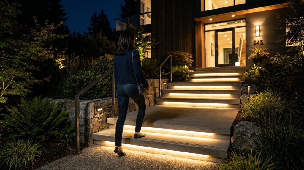 homeowner approaches illuminated… 202606110959
