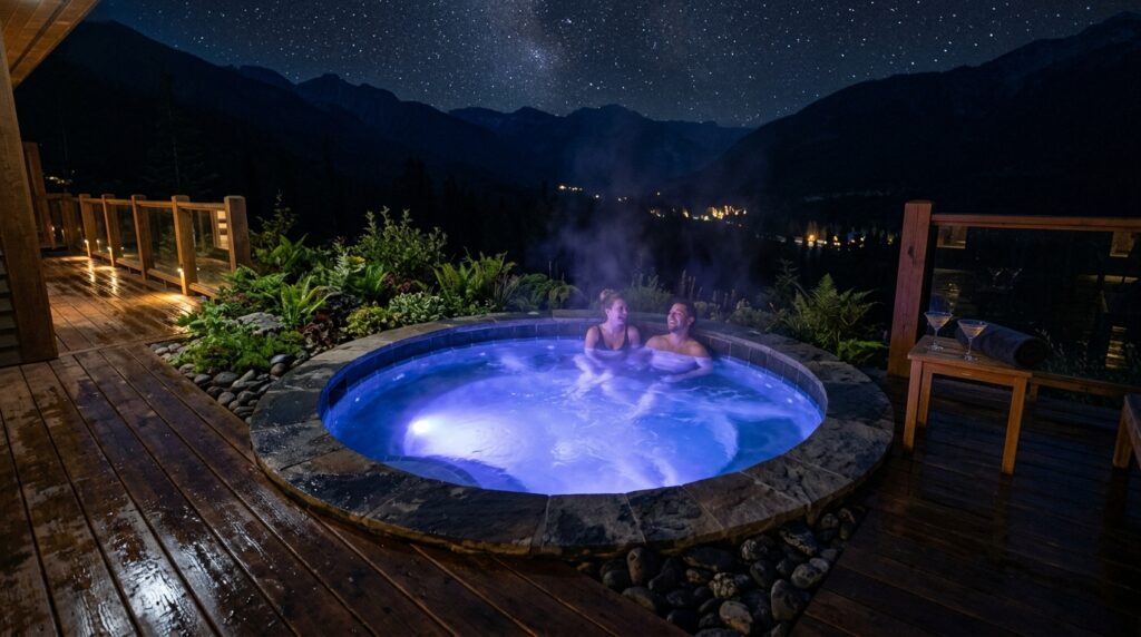 Modern Outdoor Wellness Spa Hubs For Premium Backyard Luxury hot tub glowing indigo blue 202606071508