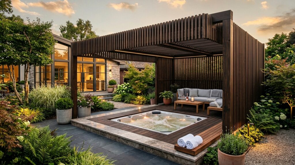 Modern Outdoor Wellness Spa Hubs For Premium Backyard Luxury hot tub lounge pavilion garden 202606071509
