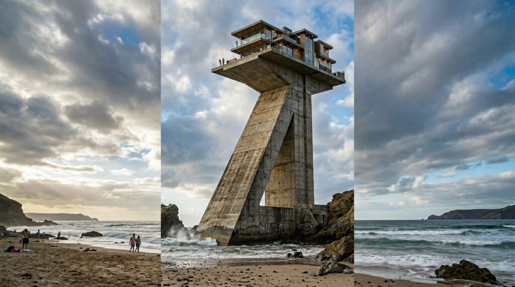 Brutalist Cantilevered Cliffside Villas and Structural Overhangs house held by concrete pylon 202606081457