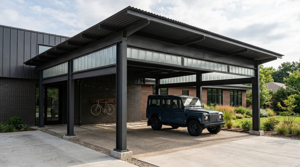 Industrial Steel & Glass Carport Ideas for Darker Driveways industrial carport steel roof glass 202606152232