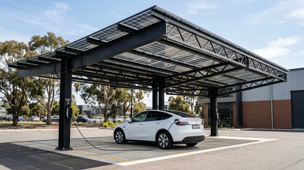 Industrial Steel & Glass Carport Ideas for Darker Driveways industrial carport with solar pa… 202606152231