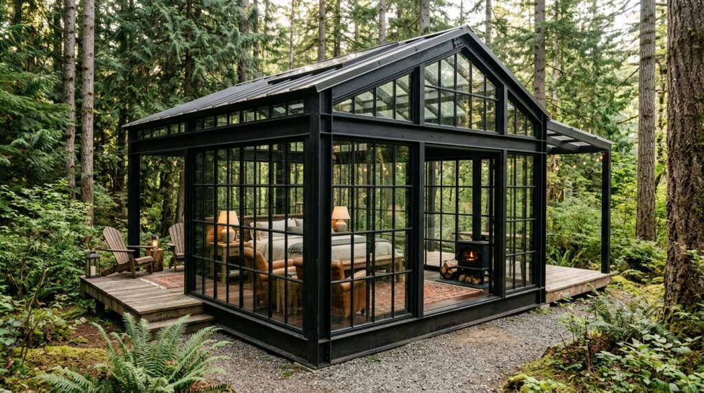 Luxury Glamping Cabins Tucked Safely into Large Backyard Edges industrial glamping cabin luxury… 202606141431