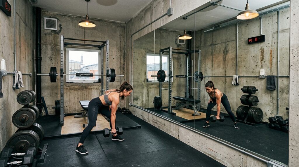industrial gym pod interior mirror 202606130727