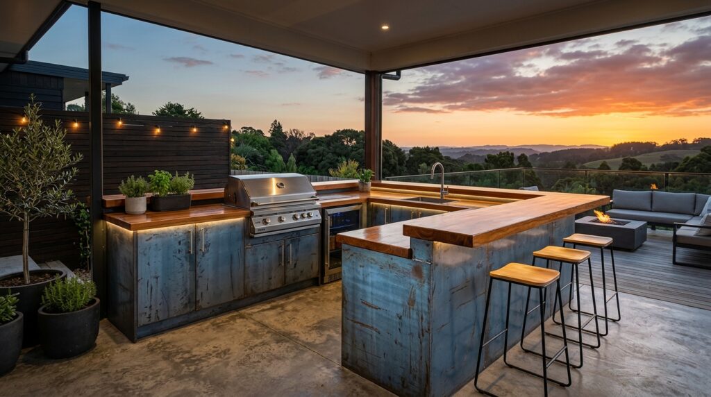 L-Shaped Multi-Functional Kitchen Layouts for Open-Air Patios industrial patio kitchen l shaped 202606171134