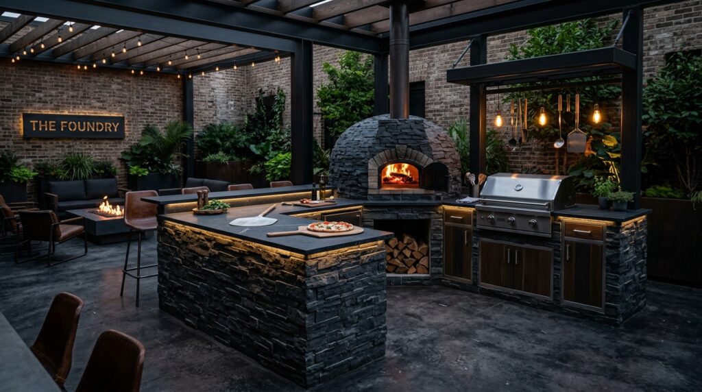 industrial patio with pizza oven 202606171249