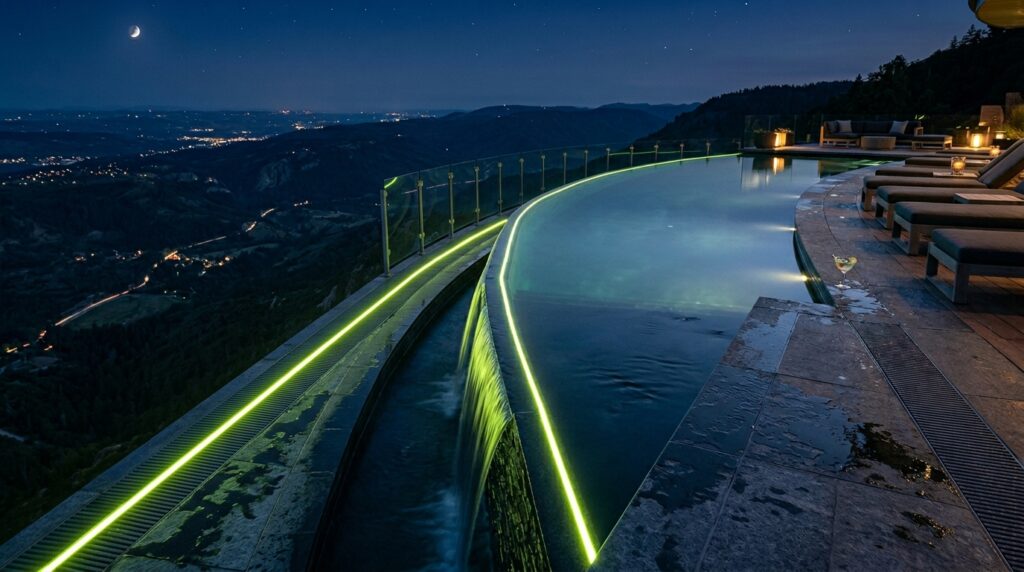 Neon Contour Strip Lighting for Futuristic Pool and Deck Edging infinity pool overlooking dark l… 202606101236