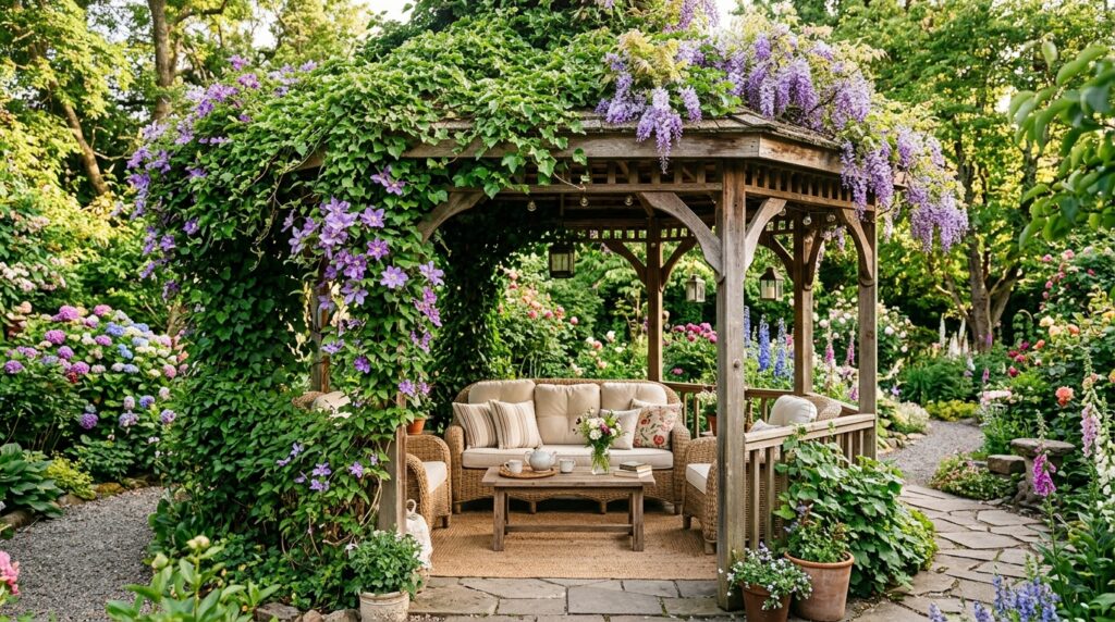 Modern Patio Gazebo Ideas For Luxury Outdoor Lounging ivy covered gazebo with furniture 202606062109