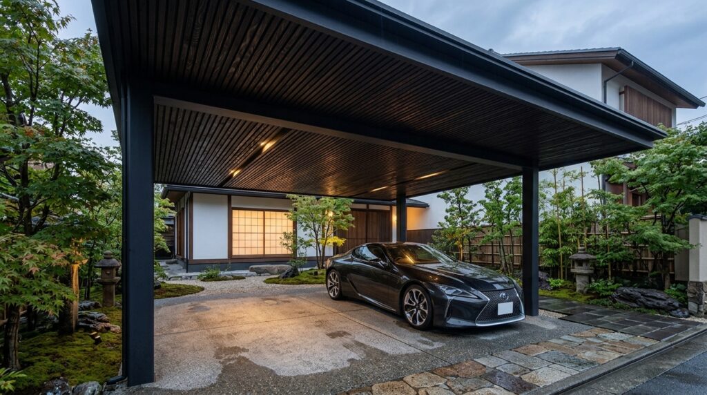 Minimalist Hidden Drainage Carport Designs for Clean Lines japanese carport shou sugi ban 202606161249