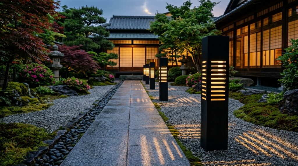 Minimalist Square Bollard Lights for Clean, Straight Garden Paths japanese courtyard granite trail… 202606101511