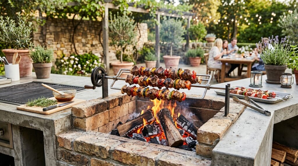 Modern Outdoor Kitchen And Bar Ideas For Premium Backyard Hosting juicy skewers rotating over fire 202606071606