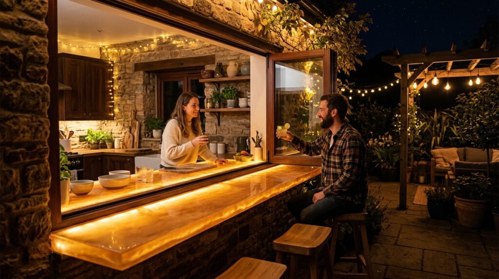 Custom Luxury Outdoor Bars with Backlit Translucent Resin Counters kitchen window opening to patio 202606181230