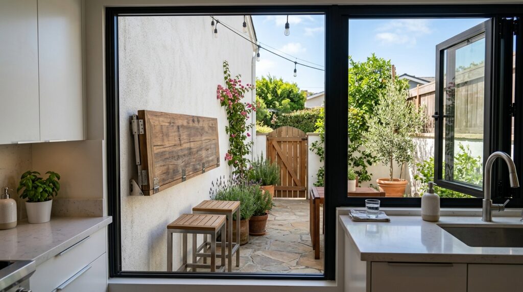 Compact Fold-Down Window Bars Connecting Indoor and Outdoor Spaces kitchen window patio teak bar 202606171110