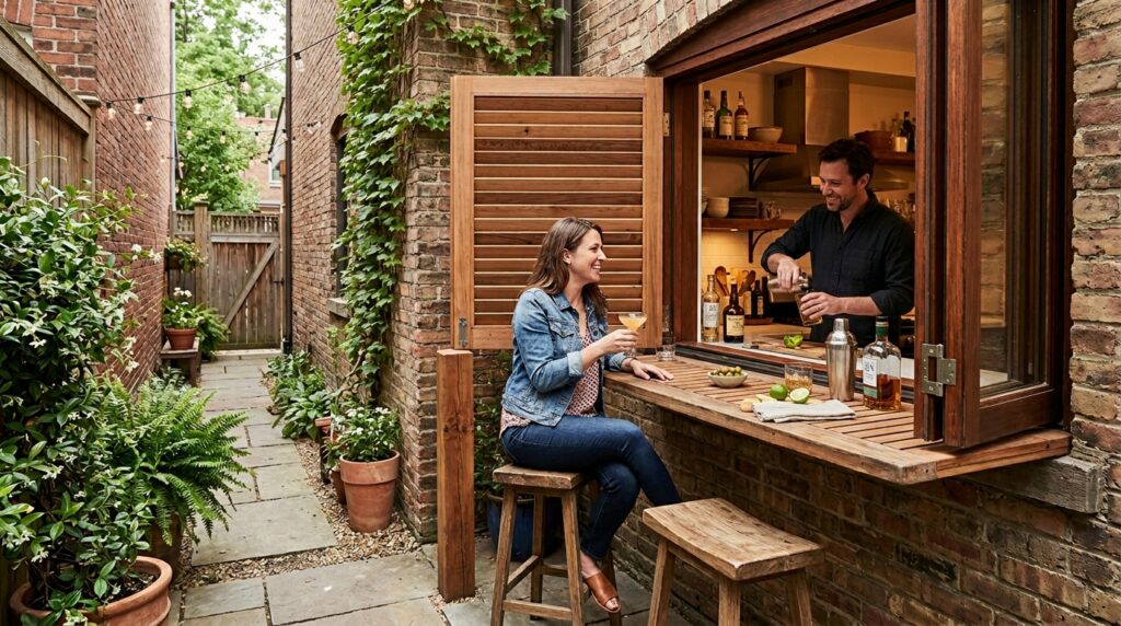 Compact Fold-Down Window Bars Connecting Indoor and Outdoor Spaces kitchen window shutter becomes bar 202606171106