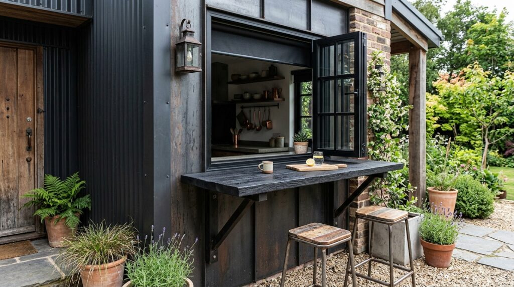 Compact Fold-Down Window Bars Connecting Indoor and Outdoor Spaces kitchen window with fold down bar 202606171110