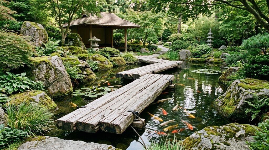 Floating Wooden Walkways Crossing Over Tranquil Backyard Koi Ponds koi pond with floating walkway 202606142019