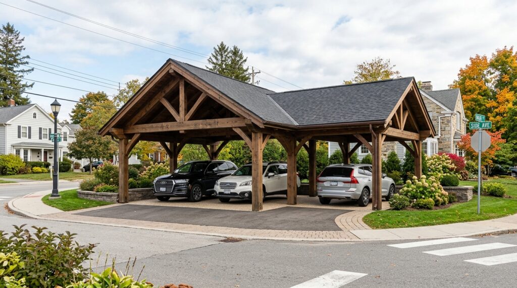 Smart Multi-Car Carport Layouts for Busy Suburban Homes l shaped timber frame carport 202606152041