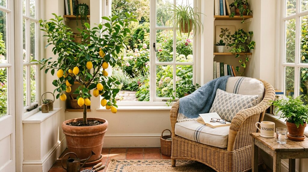 Sunroom and Solarium Ideas For Year-Round Luxury Living lemon tree and armchair alcove 202606052119