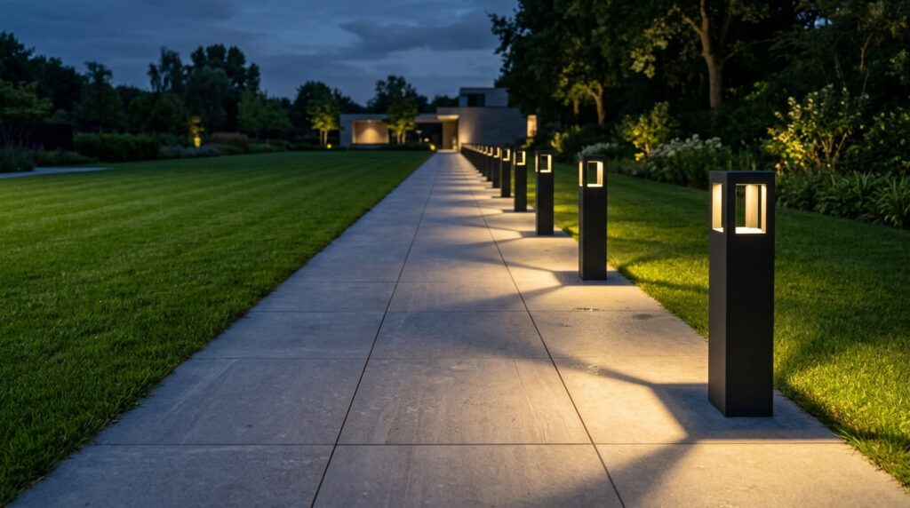 Minimalist Square Bollard Lights for Clean, Straight Garden Paths light grey tiled walkway with bo… 202606101509