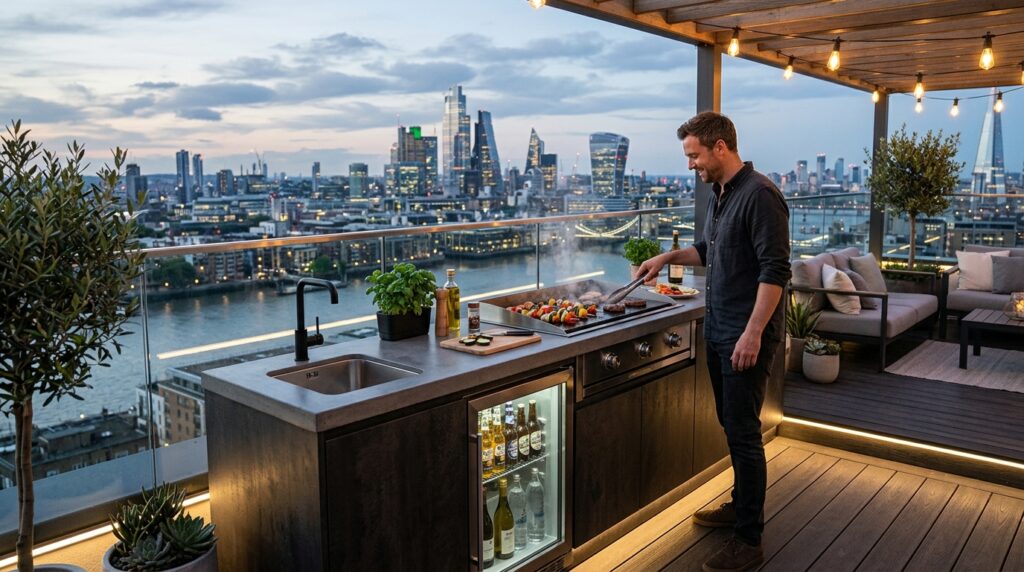 Outdoor Kitchen and Bar Ideas for Ultimate Backyard Fun linear kitchen on rooftop balcony 202606061834