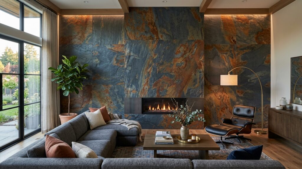 Monolithic Stone Accent Walls for High-End Living Facades living room slate monolithic wall 202606131809