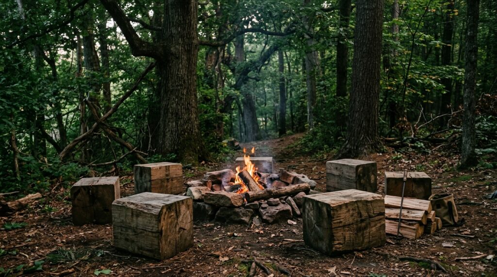 Fire Pit Lounge Ideas For Cozy Backyard Evenings log fire pit timber stools 202606042001