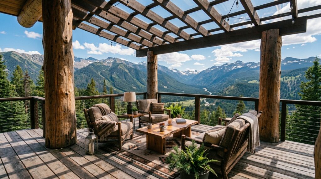 Modern Pergola Deck Ideas For Premium Backyard Luxury log pillars support wooden roof 202606070911 (1)