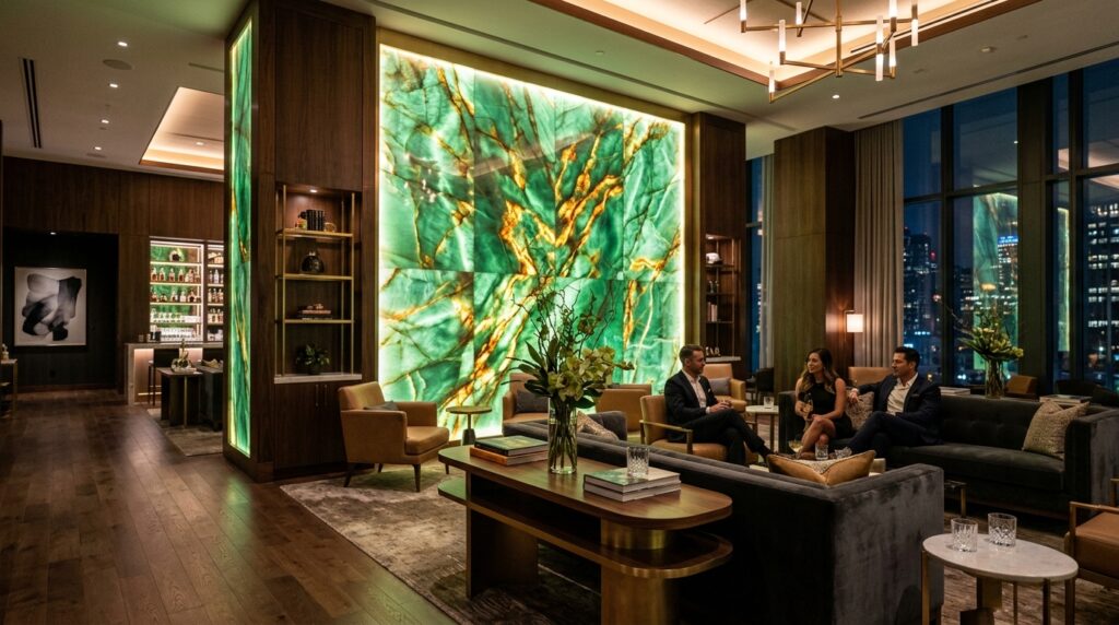 Monolithic Stone Accent Walls for High-End Living Facades lounge with green quartzite wall 202606131800
