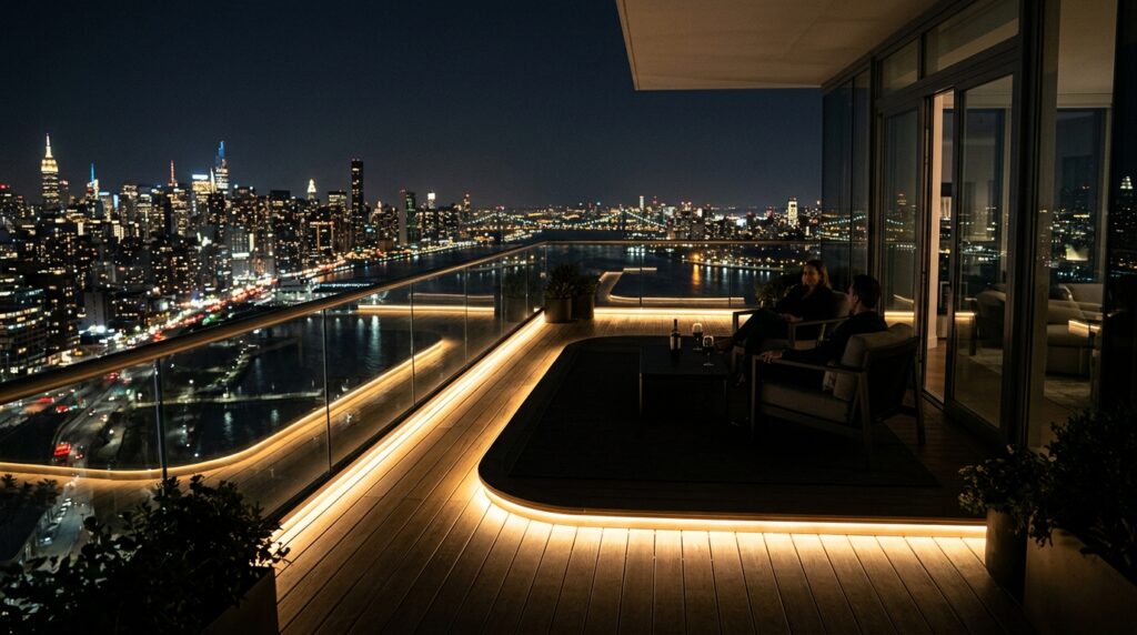 Modern Outdoor Balcony Designs For Luxury Urban Living luxury balcony at night 202606070738