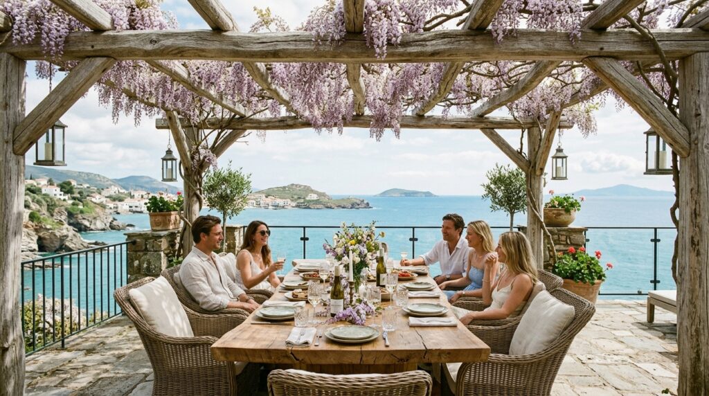 Outdoor Dining Rooms Under Wisteria-Covered Rafter Structures luxury coastal dining patio 202606141540