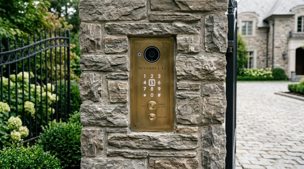 Stacked Flagstone Entry Pillars to Anchor Your Front Driveway Gate luxury driveway pillar intercom … 202606111312